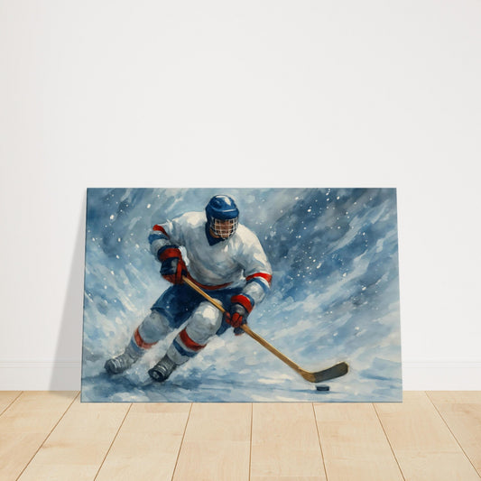 Ice hockey player on a solo breakaway skating through swirling snow toward the goal.