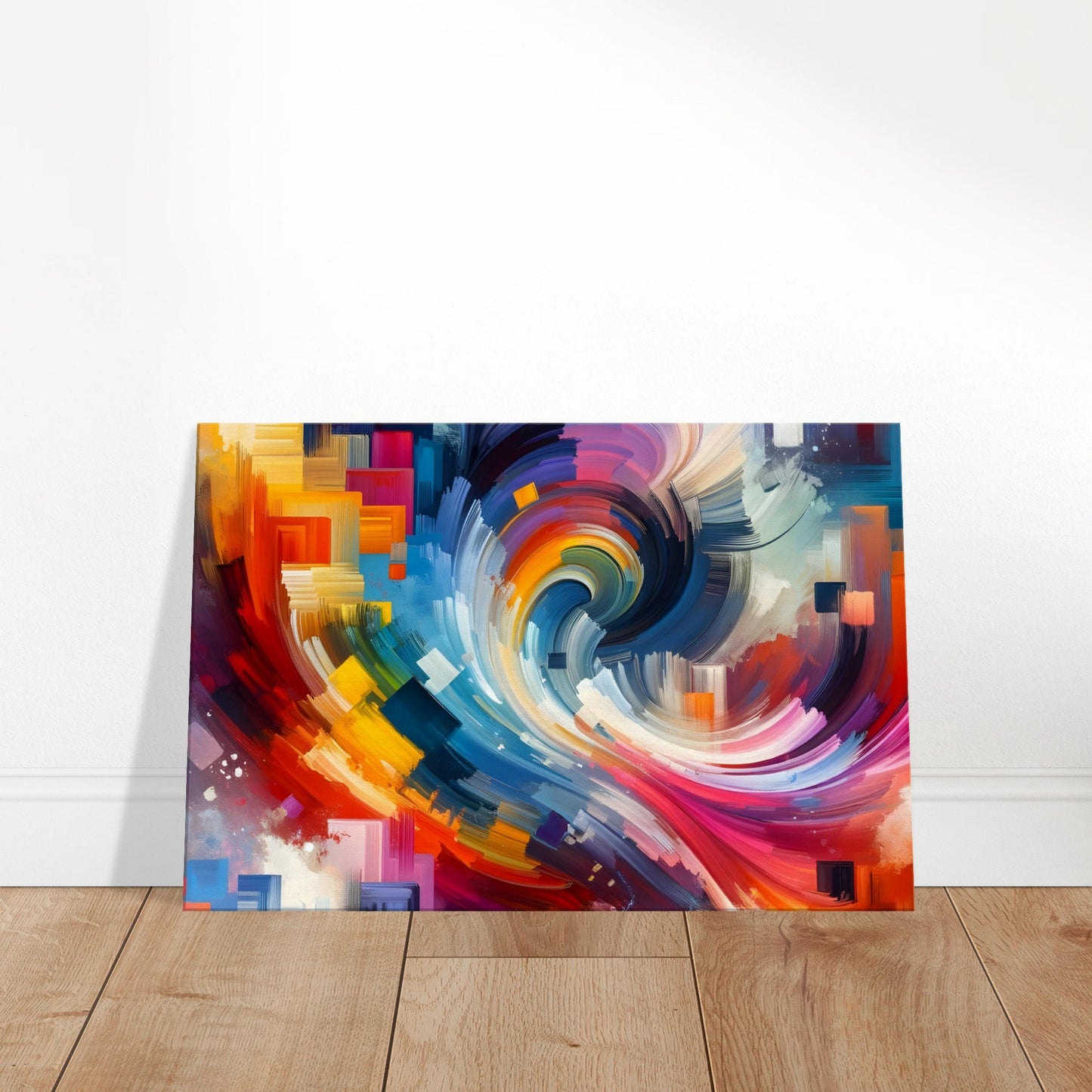 Abstract canvas with swirling geometric blocks and vibrant colours forming a vortex-like composition.