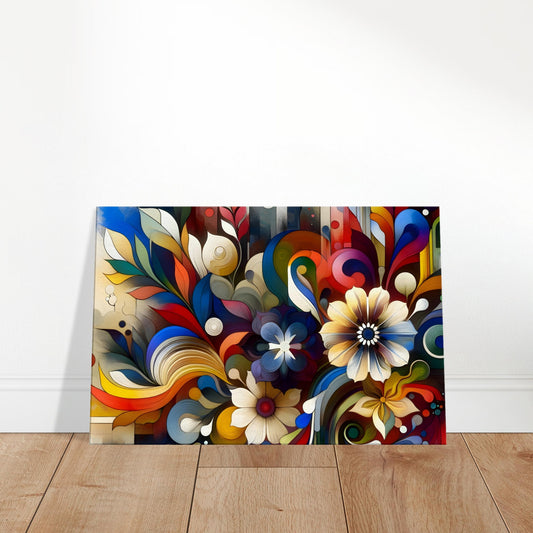 Abstract floral artwork with bold colors, kaleidoscopic shapes, and modern botanical patterns inspired by a blooming garden
