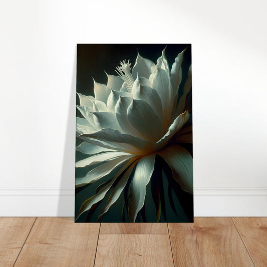 Artistic rendering of the Night Blooming Cereus with luminous white petals set against a softly dark, atmospheric background.