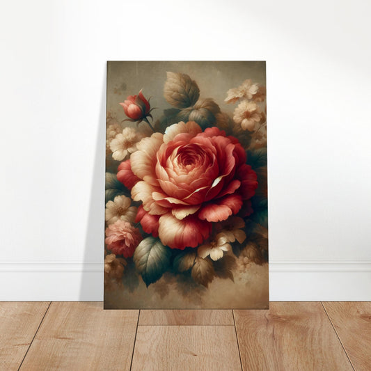 Classical-style painting of a blooming flower with detailed petals and a softly blended, muted background.