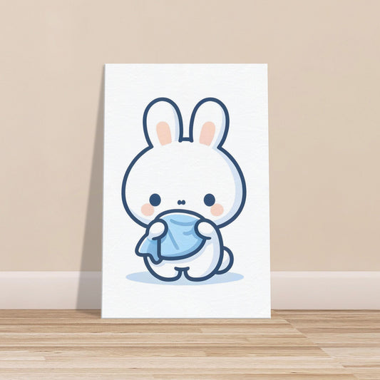Minimalist cartoon white bunny holding a blue blanket against a soft background.
