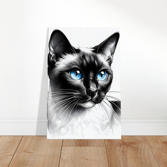 Black and white sketch of a Siamese cat with vivid blue eyes and finely detailed fur texture.