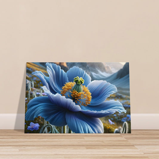 Blue Himalayan Poppy in bloom with vivid blue petals set against a mountain landscape