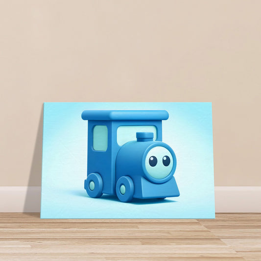 Cartoon-style blue train with large eyes on a soft light blue to white gradient background.