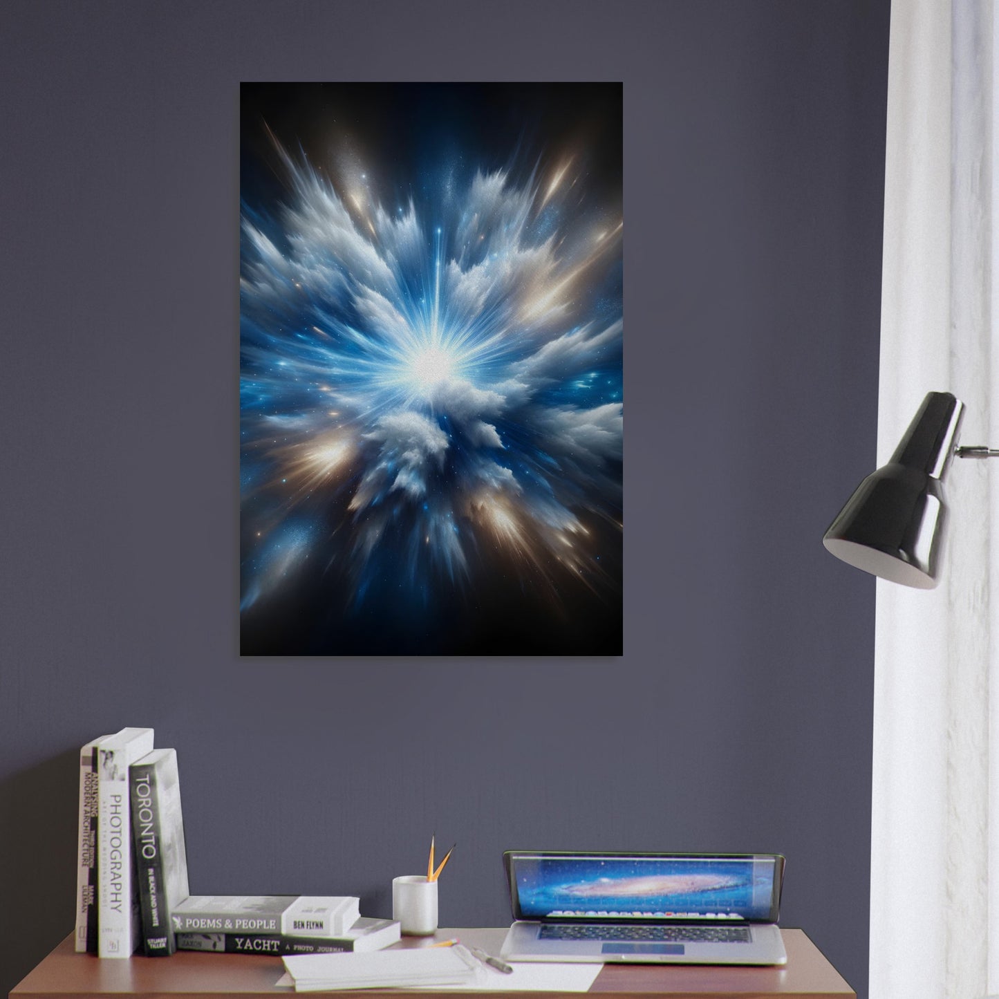 Metal poster showing a radiant blue and white supernova explosion, emphasizing energy and cosmic beauty.