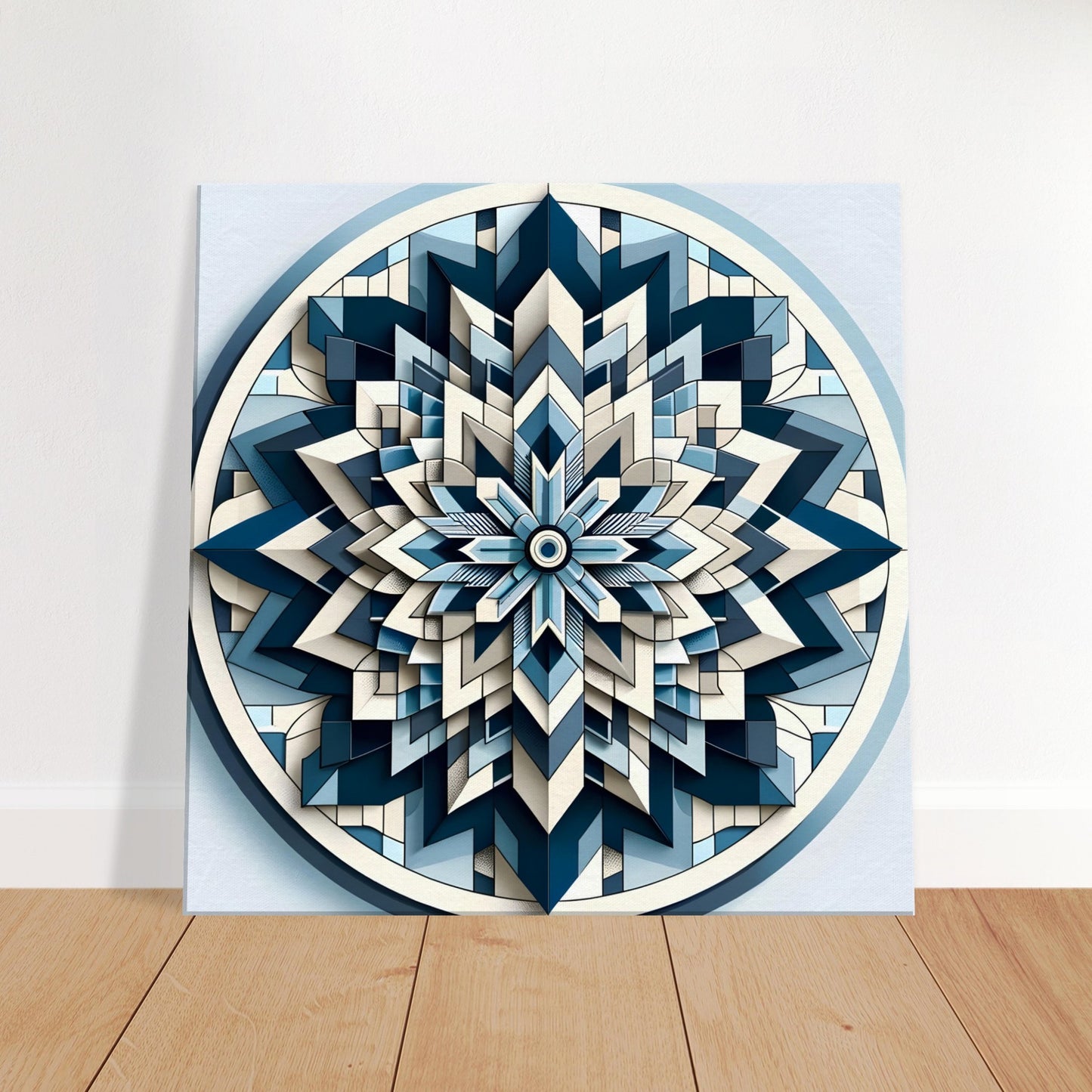 Mandala artwork in shades of blue, beige, and white with symmetrical and abstract patterns on a neutral background.