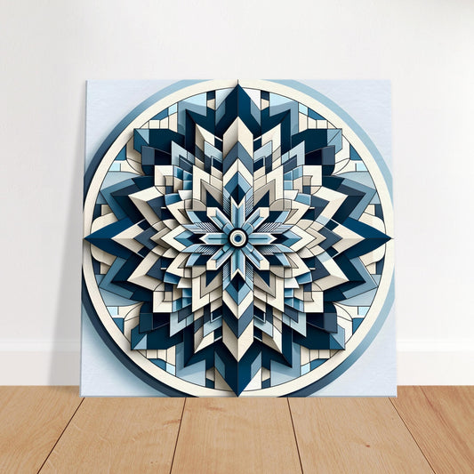 Mandala artwork in shades of blue, beige, and white with symmetrical and abstract patterns on a neutral background.
