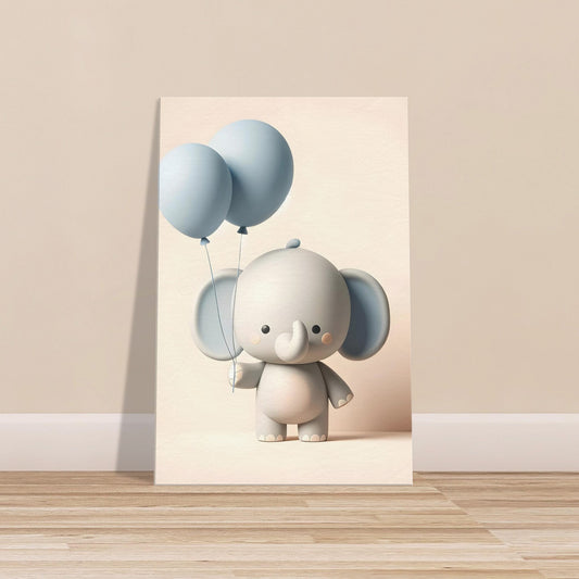 Canvas print of a cartoon elephant holding two blue balloons in soft pastel colors.