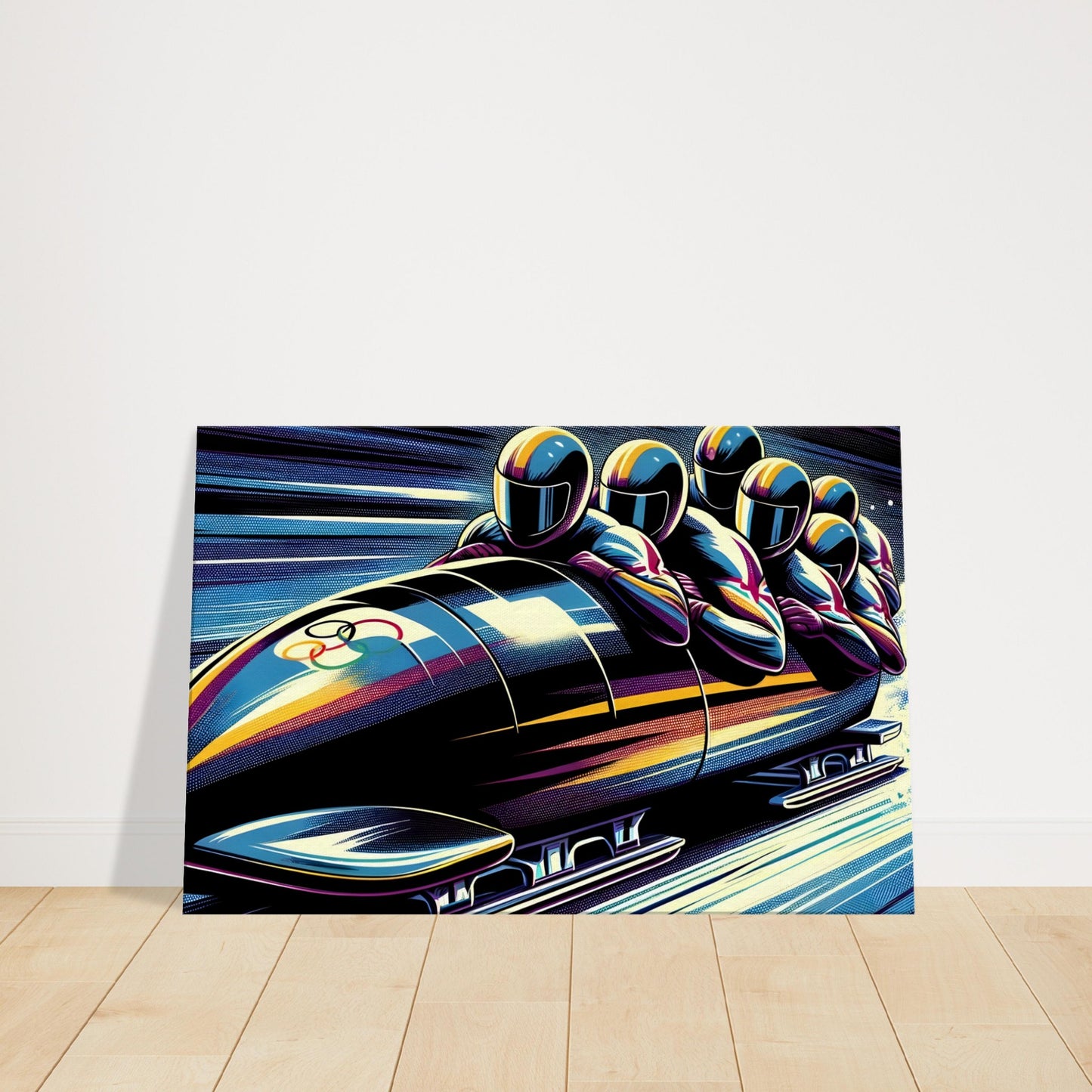 Canvas artwork of a bobsled team racing down an icy track with dynamic lines and high-contrast colors conveying speed and synchronization.