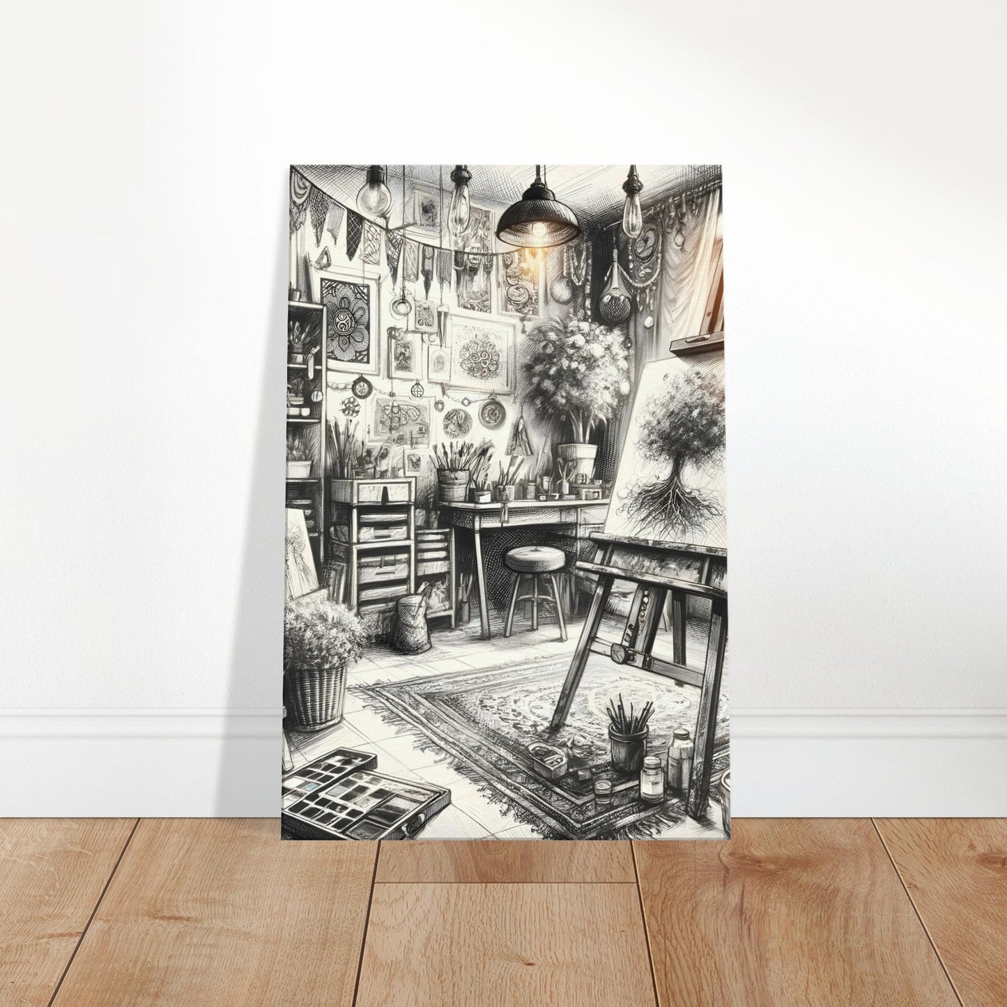 Hand-drawn bohemian art studio sketch featuring an easel, paint supplies, eclectic artwork, and warm sunlight in a cozy creative workspace.