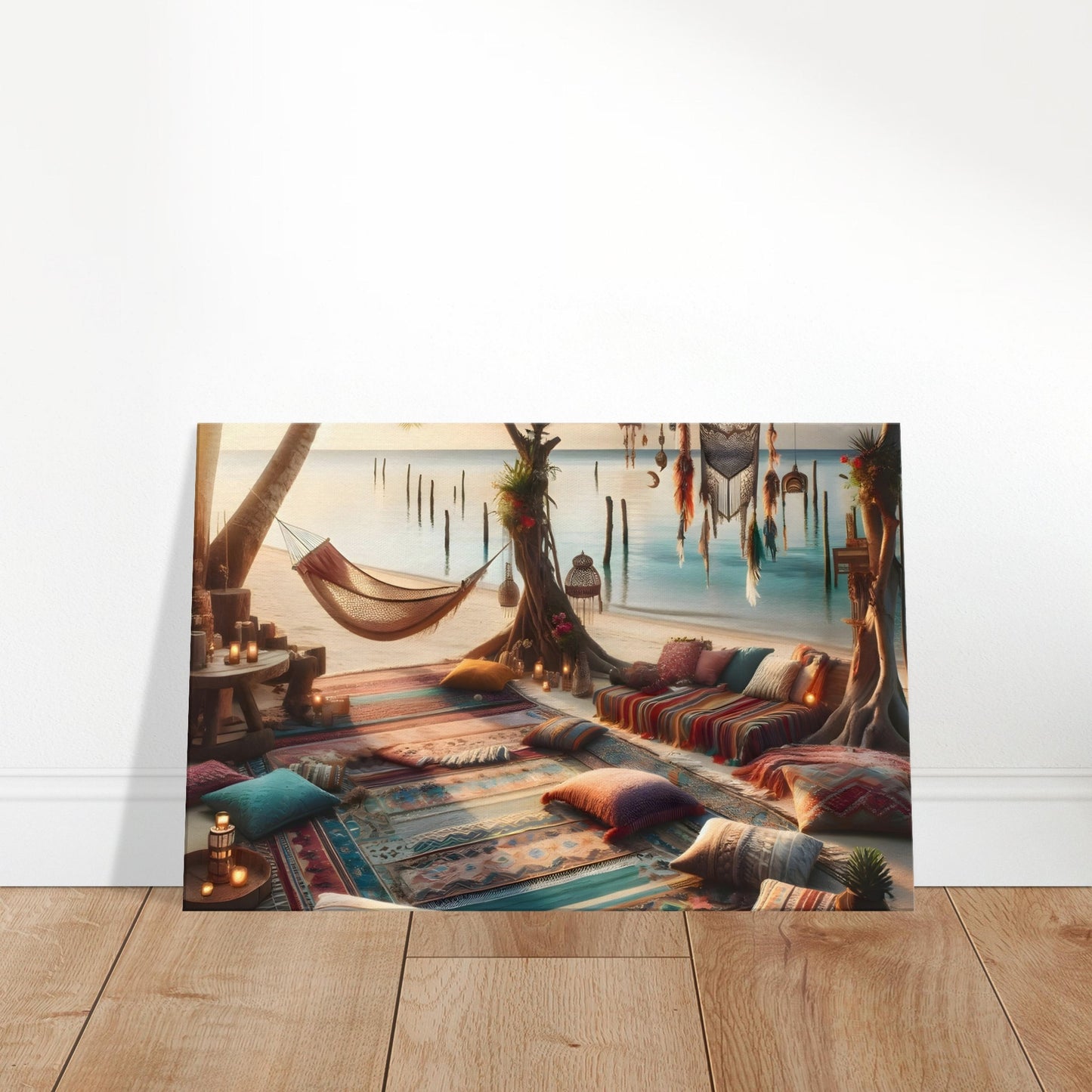 Bohemian hammock scene on a tropical beach with cushions, palm trees, and sunset.