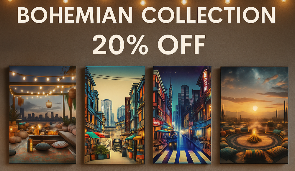 Promotional banner for Bohemian Collection with four artistic cityscape paintings on a wall, showcasing the 20% off discount code: 20OFFCANVAS.
