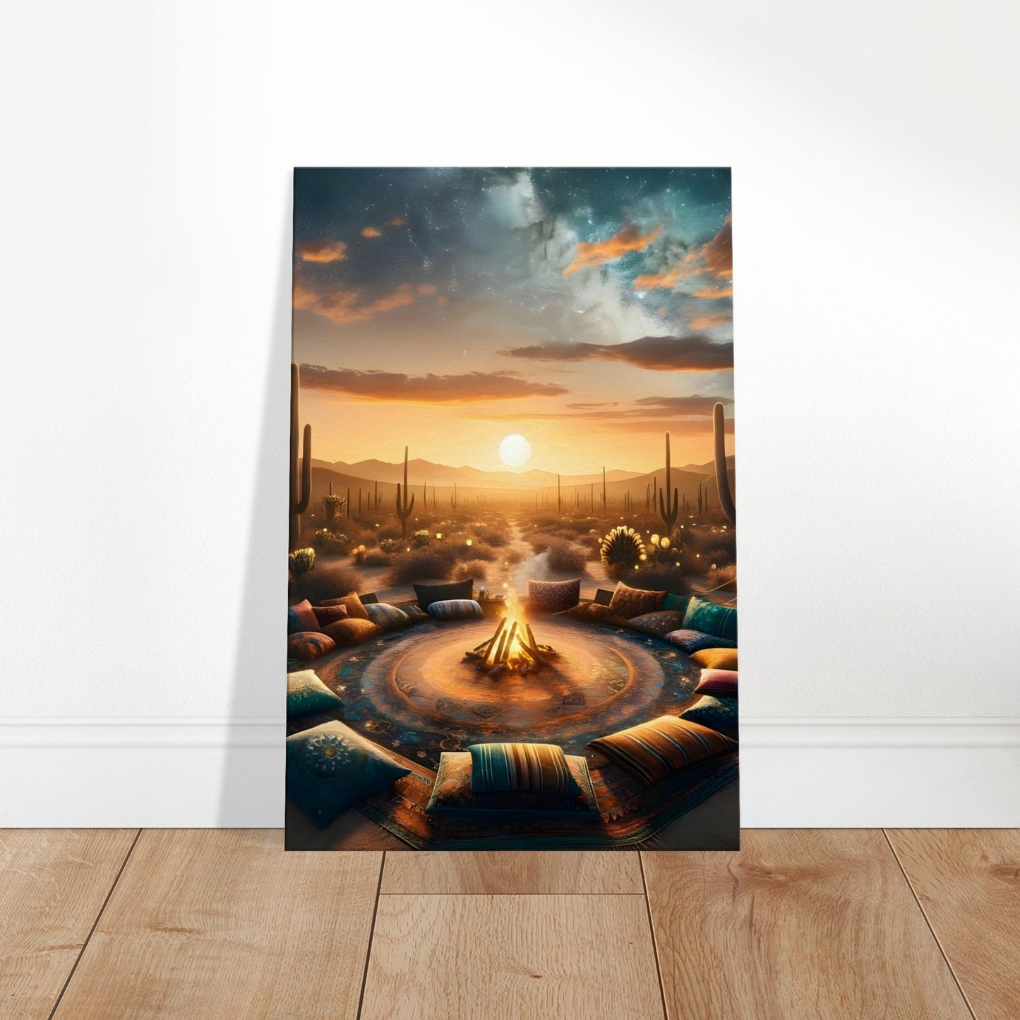 Bohemian campfire scene in the desert with cushions, rugs, and cacti at sunset.