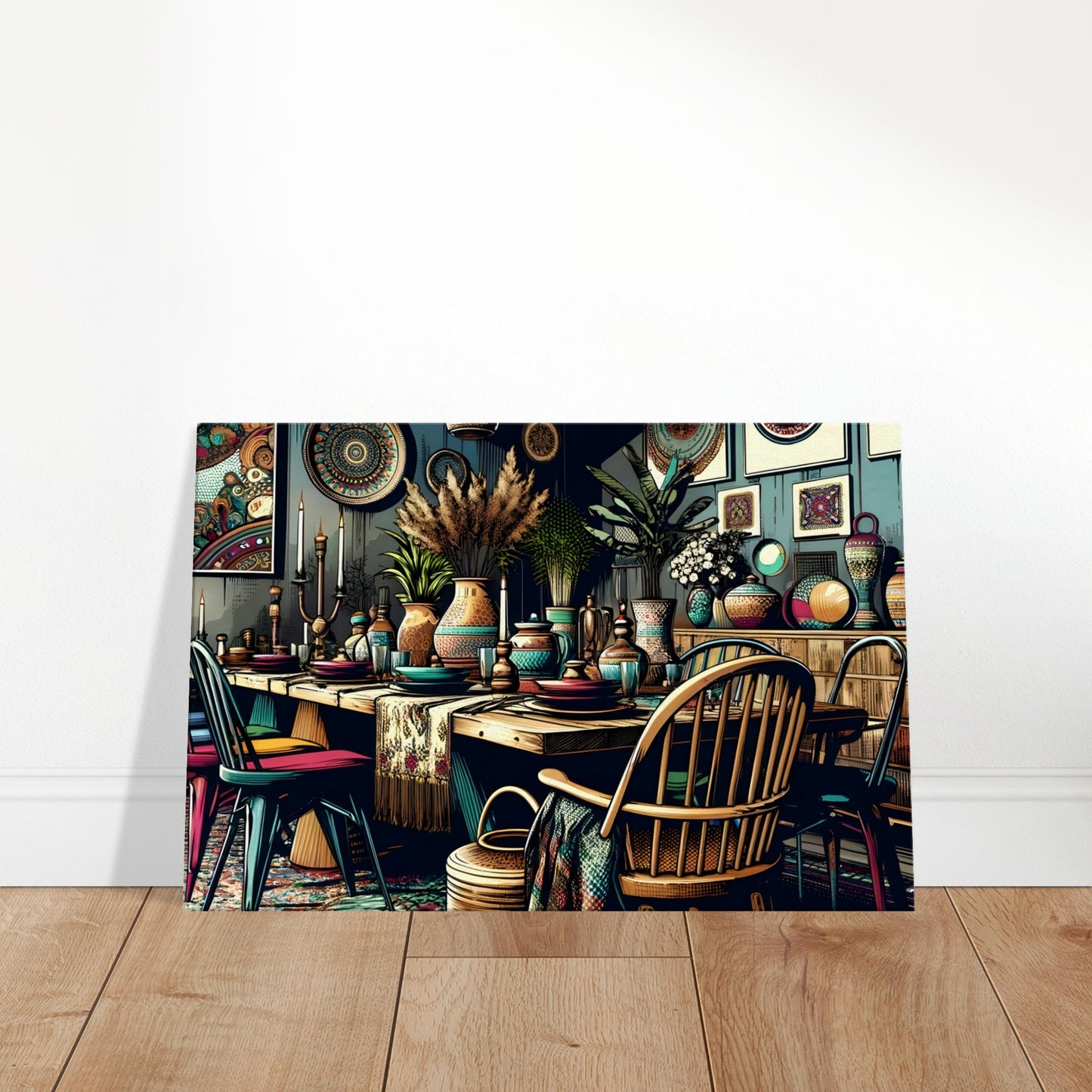 Pop art canvas of a bohemian dining room with colorful chairs, patterned textiles, hanging lanterns, and layered wall decor.