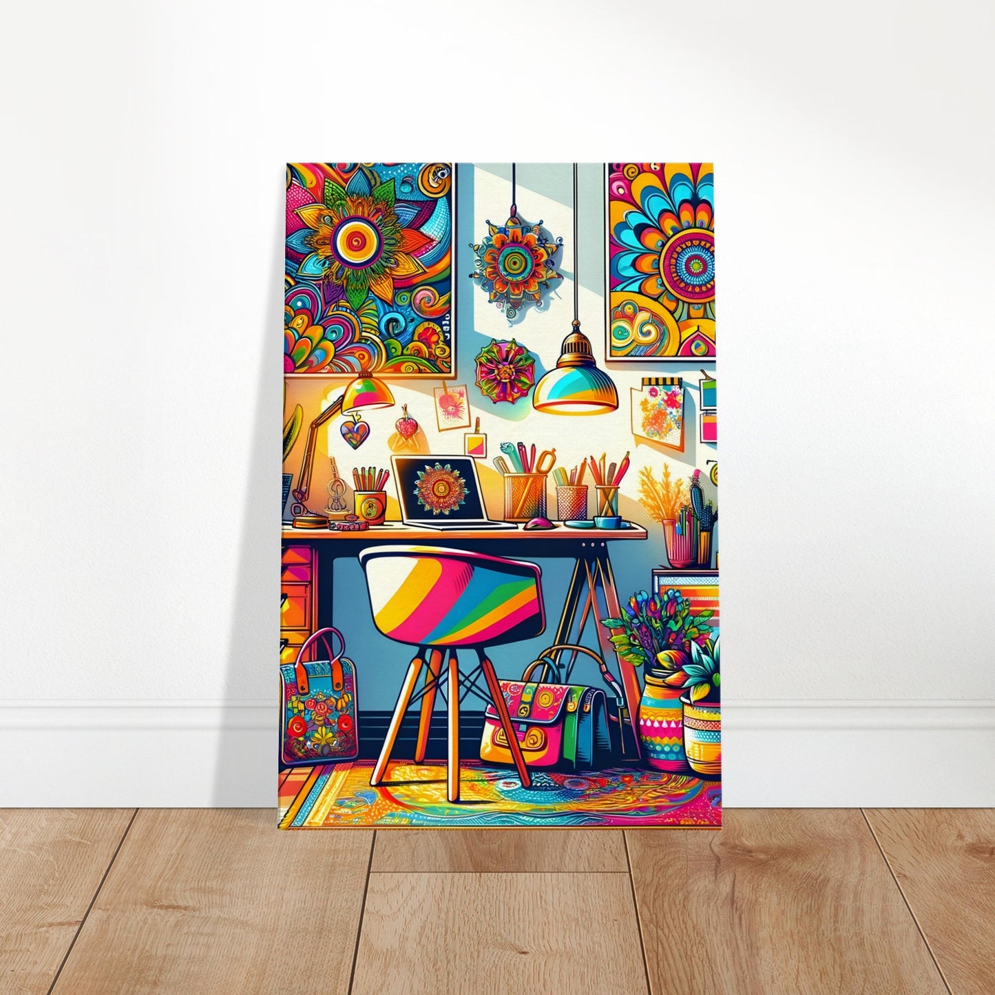 Pop art canvas of a colorful bohemian home office featuring a vibrant desk, eclectic decor, bold patterns, and creative accessories.