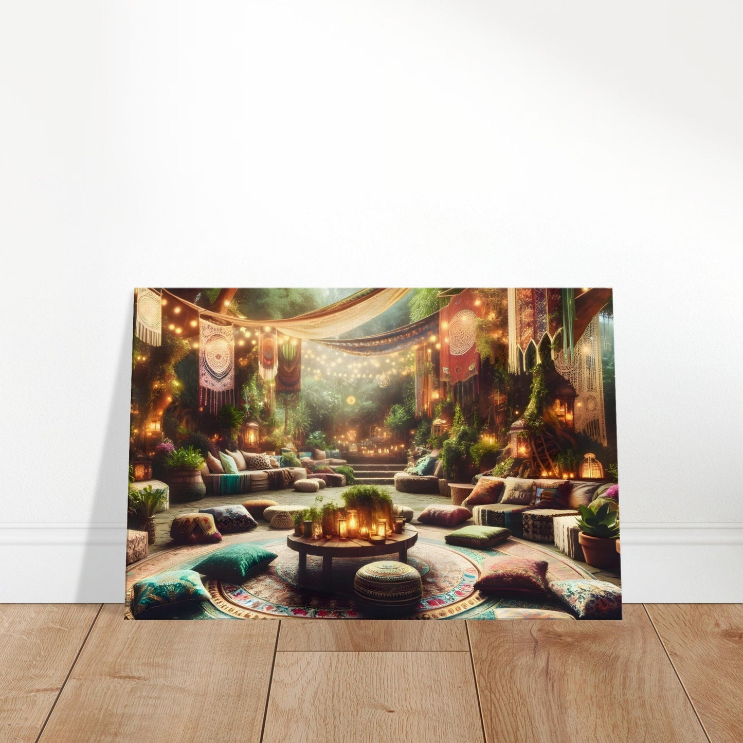 Bohemian jungle garden with twilight fire pit, hanging lights, and lush foliage.