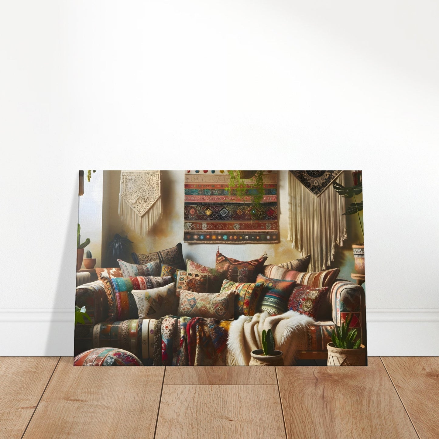 Sunlit bohemian lounge with earthy-toned pillows, macramé decor, and indoor plants.