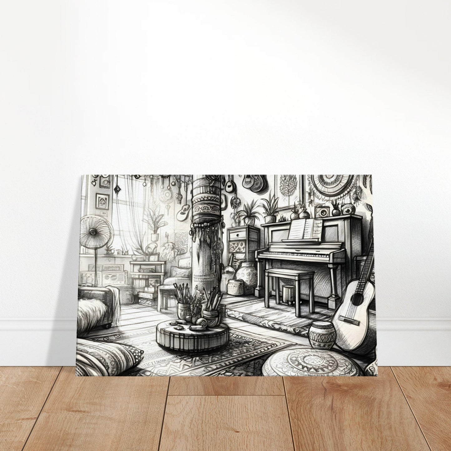 Hand-drawn sketch of a bohemian music room with a piano, guitar, cozy seating, and vintage musical decor.