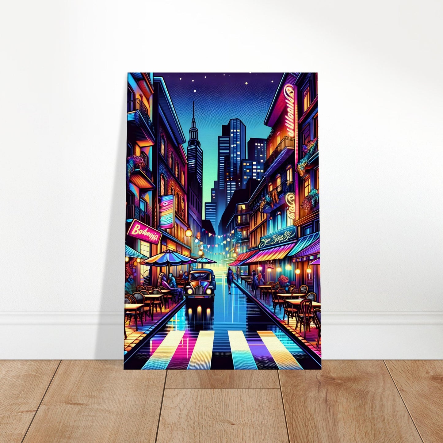 Neon-lit urban street scene with bohemian elements like lanterns, graffiti, and vibrant textiles in pop art style.
