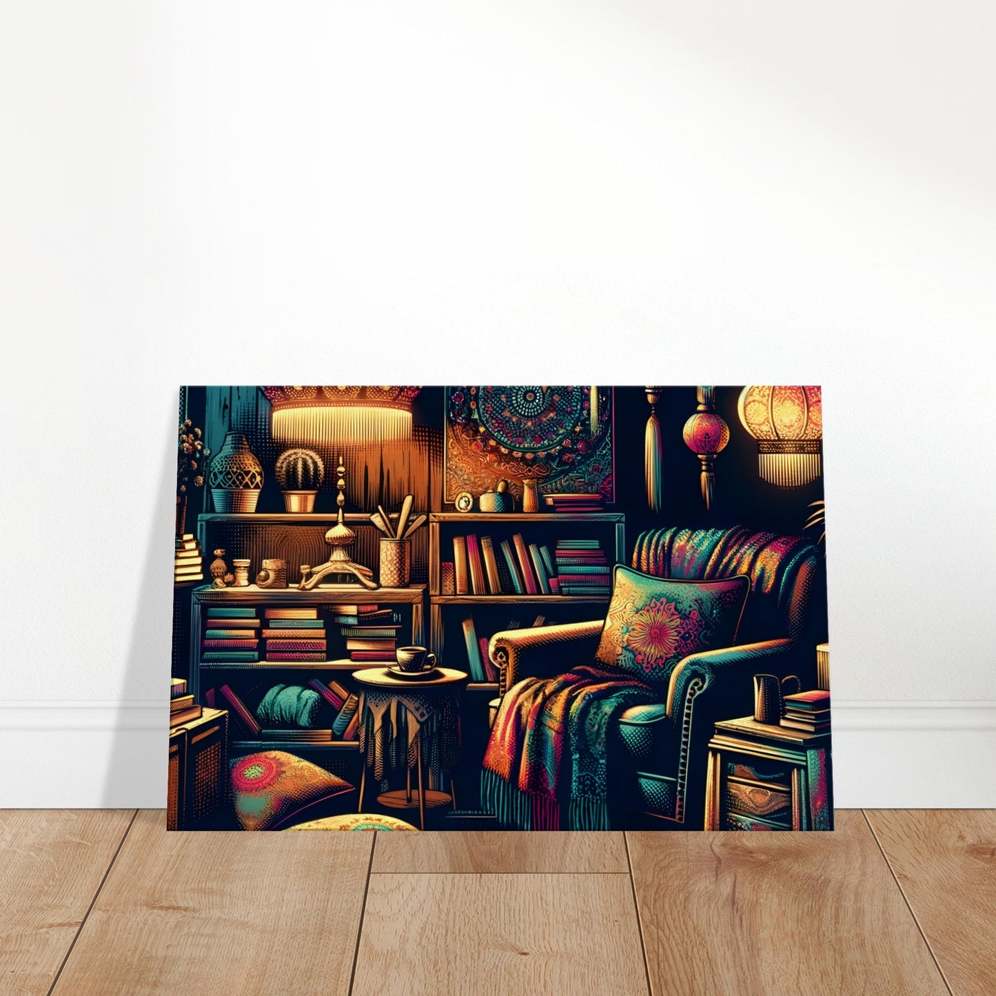Pop art canvas of a bohemian reading nook with an armchair, colorful pillows, bookshelves, hanging lanterns, and richly patterned decor.