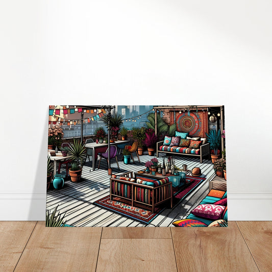 Pop art canvas of a bohemian rooftop gathering with string lights, lush plants, and eclectic furniture against a city skyline.