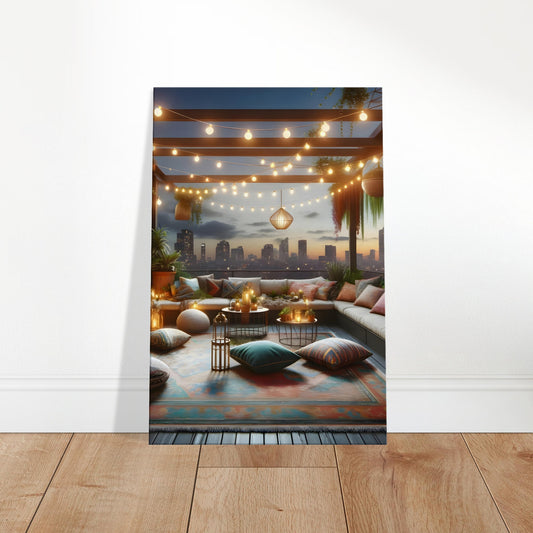 Bohemian rooftop at twilight with string lights, cushions, and a city skyline.