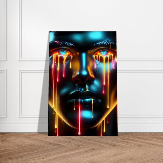 Portrait of a confident figure with empowering red and gold paint drips, expressing strength and resilience in modern art style.