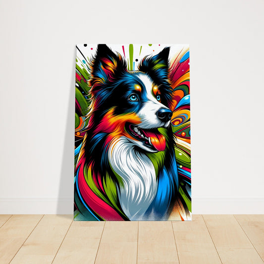 Pop art portrait of a colorful Border Collie with an alert expression and dynamic background.