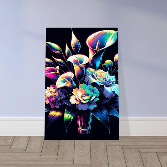 Pop art bouquet featuring glowing calla lilies, peonies, and gardenias in radiant hues against a dark background.