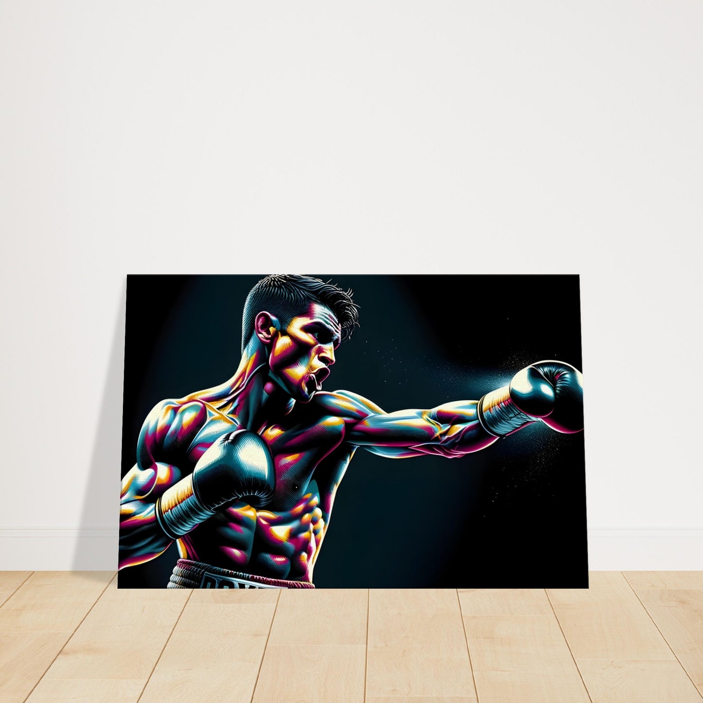 A boxer mid-punch with muscles tensed and fierce focus, highlighted by dramatic lighting.
