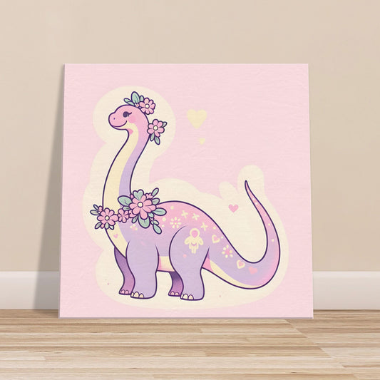 Cartoon-style Brachiosaurus decorated with flowers and ribbons in pastel pink, lavender, and yellow.