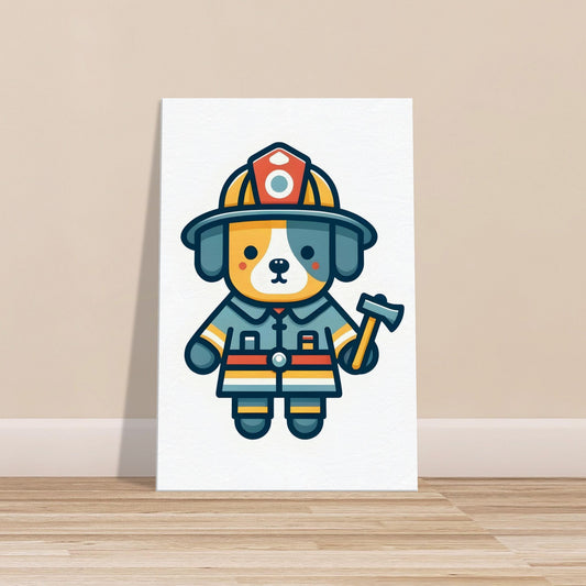 Cartoon firefighter dog wearing a helmet on a high-quality canvas print.