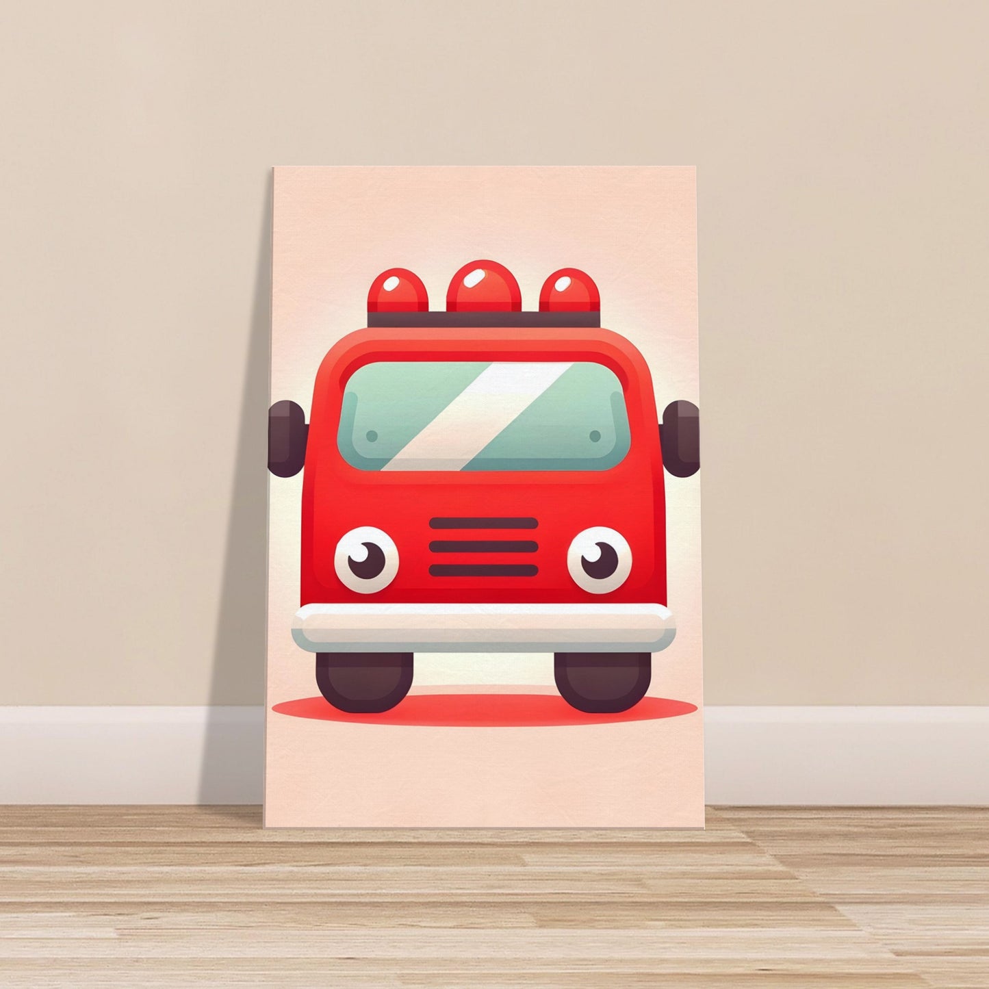 Cartoon-style red fire truck with large eyes on a light red to white gradient background.
