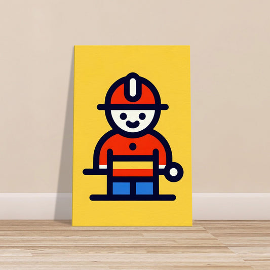 Minimalistic cartoon firefighter character in bright primary colors designed for young children.