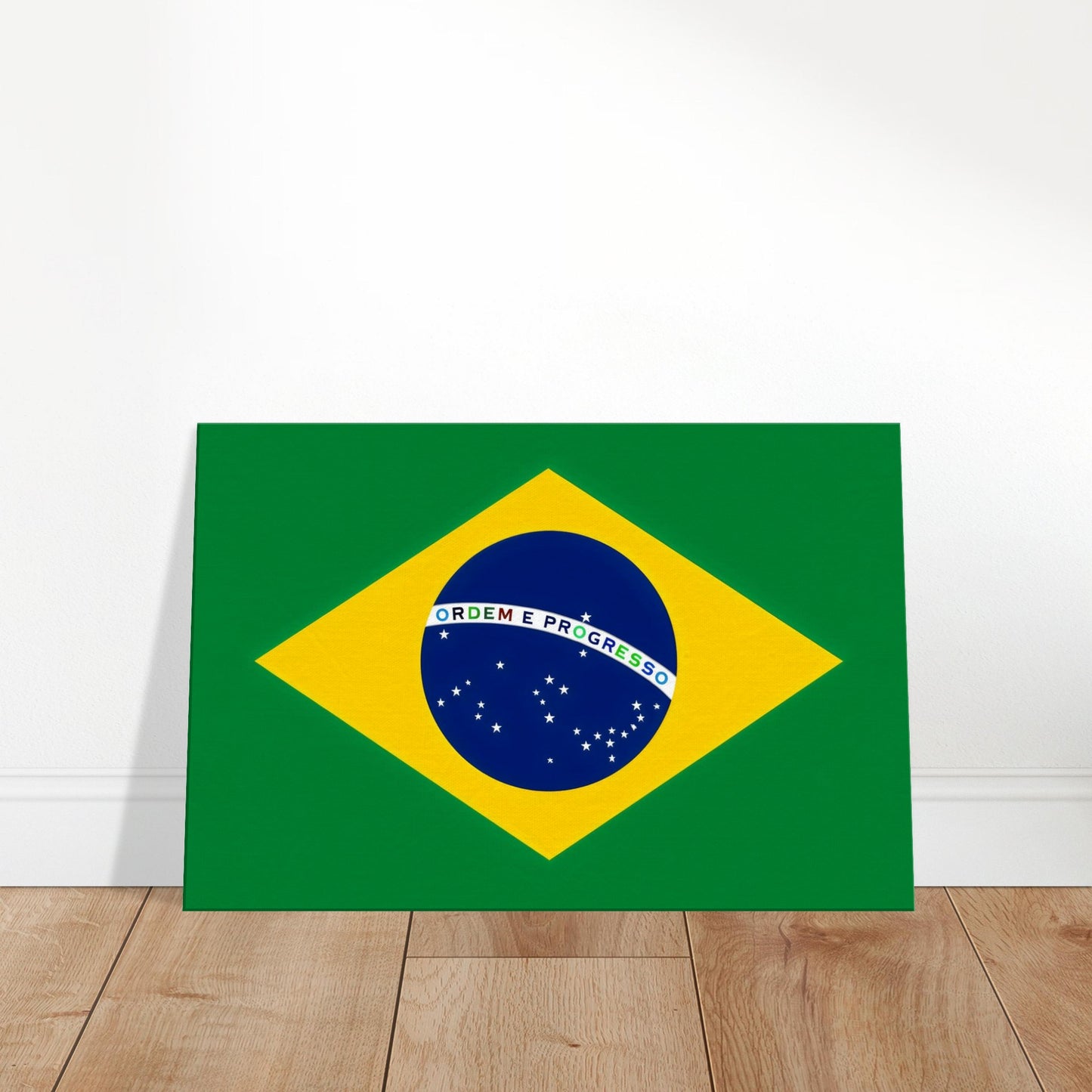 Luxury canvas print of the Brazil flag featuring a yellow diamond and blue globe with white stars on a green field, landscape format.