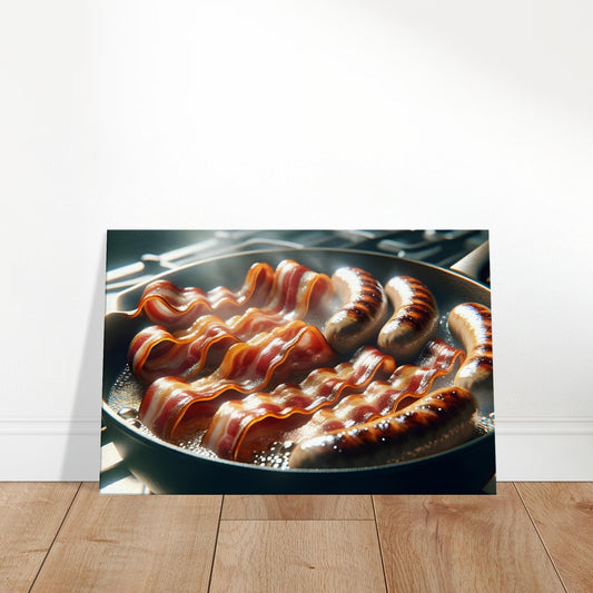 Canvas art depicting sizzling bacon and sausages cooking in a pan with golden light and rich textures.