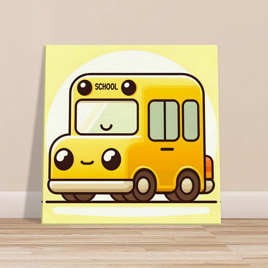 Cartoon-style yellow school bus with large eyes on a light yellow to white gradient background.
