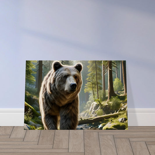 Wall art of a majestic brown bear standing in a sun-dappled forest with detailed fur and thoughtful gaze.