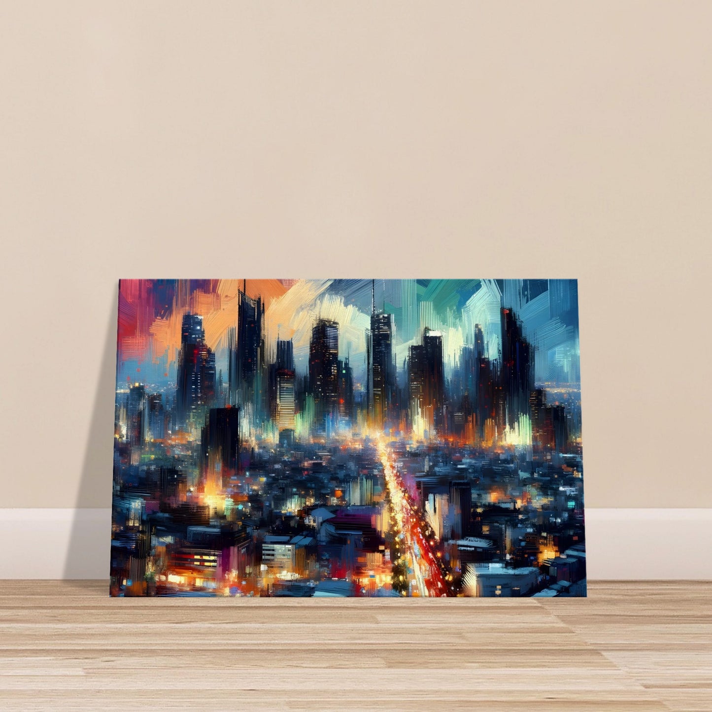 Brushed canvas of a colourful night cityscape with glowing lights and motion