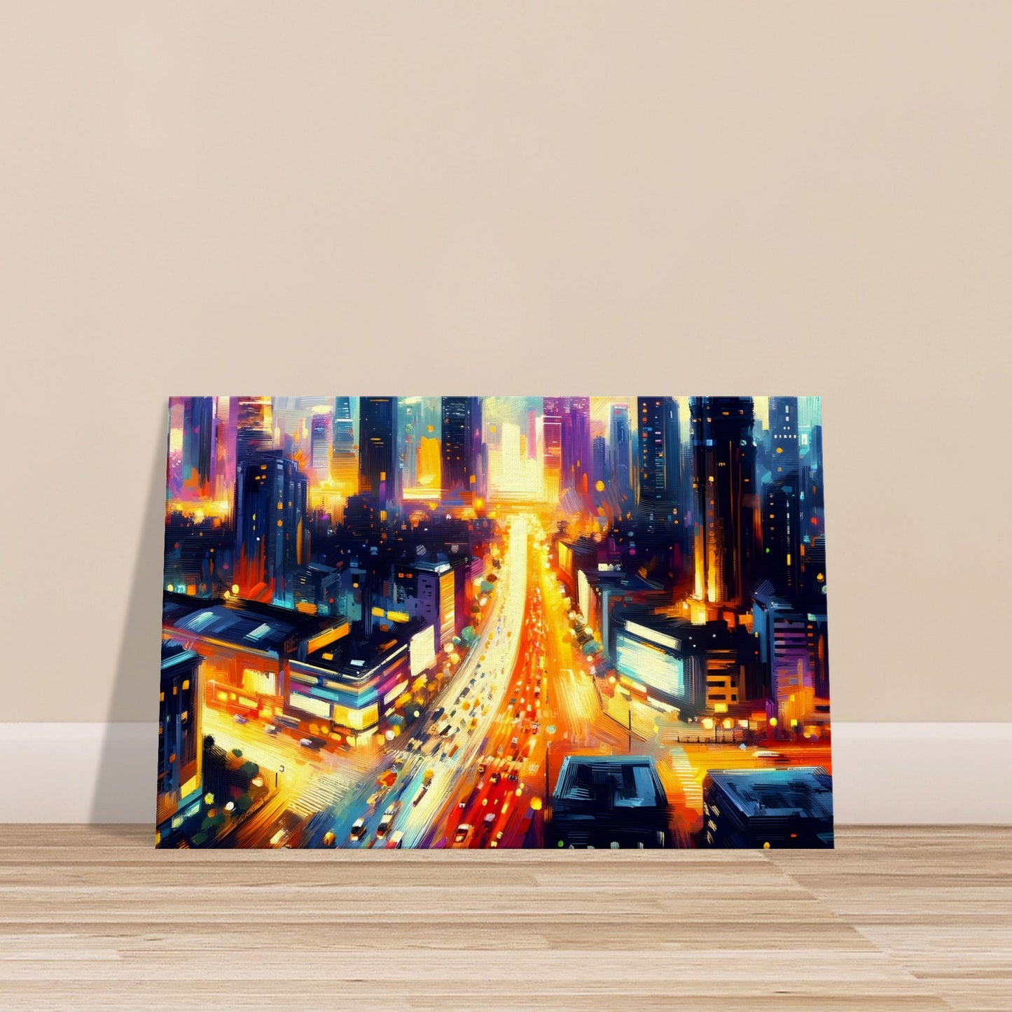 Brushed canvas artwork of a vibrant night cityscape with neon lights and motion effects