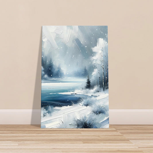 Textured canvas painting of a snowy landscape with trees, a frozen lake, and gentle snowfall in cool winter tones