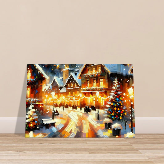 Thick-brushed canvas of a snow-covered town with festive lights and softly falling snow