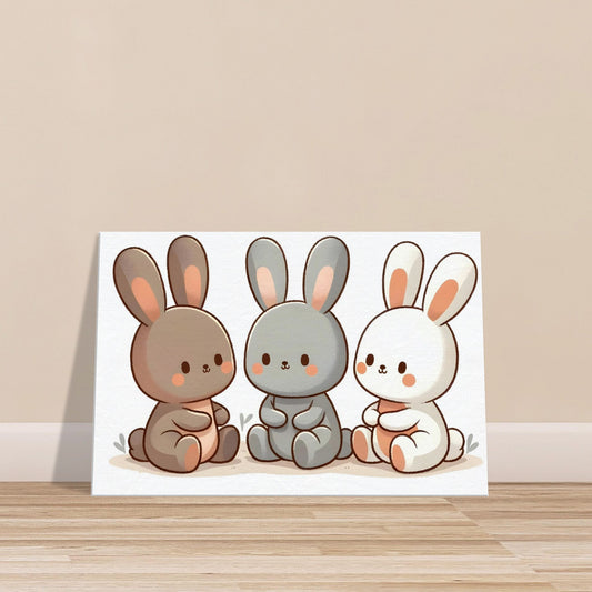 Canvas print of three cute cartoon bunnies with soft pastel colors and playful expressions.
