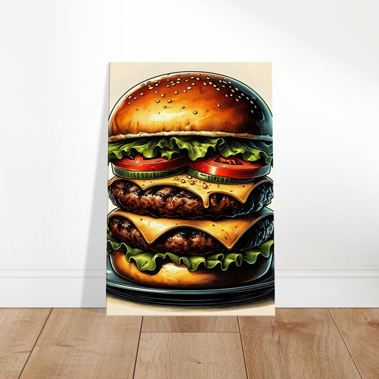 Canvas art depicting a classic burger with sesame bun, lettuce, tomato, pickles, cheese, ketchup, and mayonnaise.