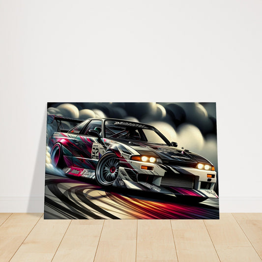 Drift car sliding sideways on track with spinning wheels and smoke, highlighting speed, motion, and racing style.