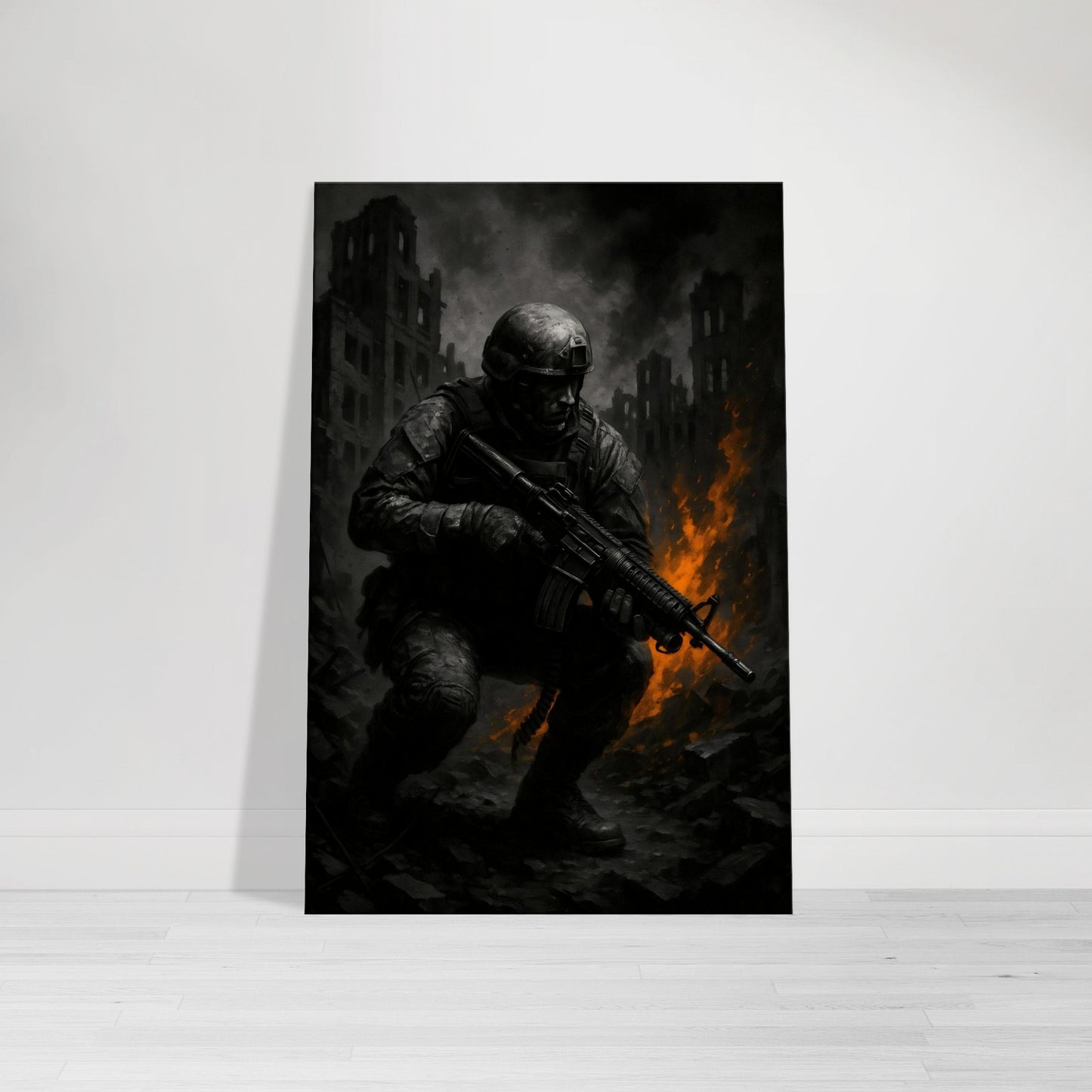 Cinematic military wall art featuring a soldier amid a battlefield inferno with helicopter overhead. Gritty, high-impact design for tactical-themed spaces.