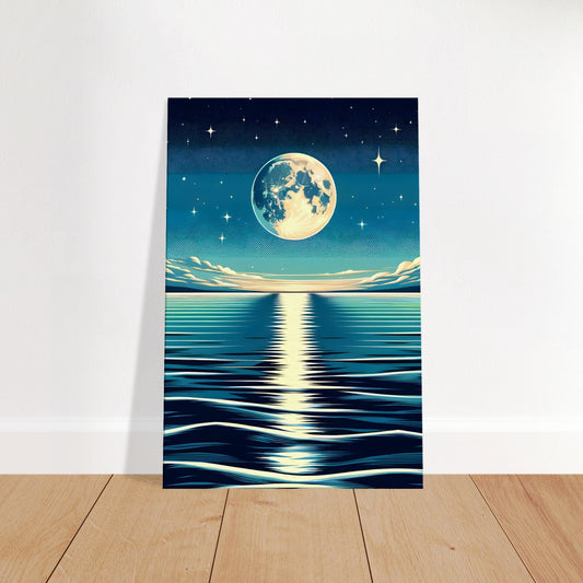 Calm Ocean Moon – Pop Art Canvas Wall Print of Full Moon and Sea