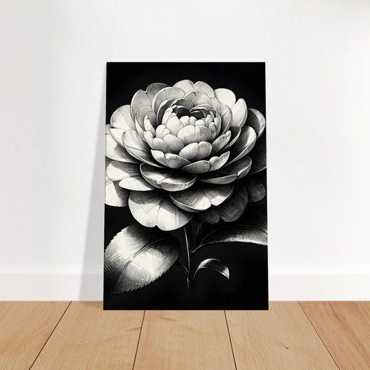 Minimalist pencil sketch of a camellia flower with rounded petals and fine detail on a plain background