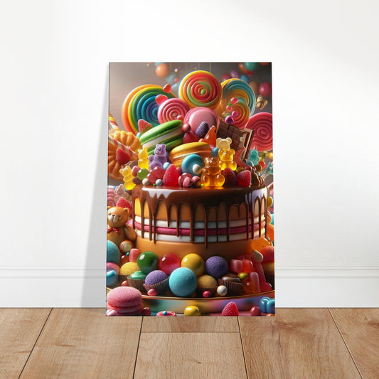 Canvas art depicting a vibrant assortment of macarons, gummy bears, lollipops, and chocolate truffles.